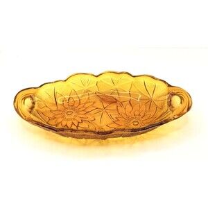 Vintage Amber Glass Candy Dish Oval Floral Serving Bowl Handles Retro